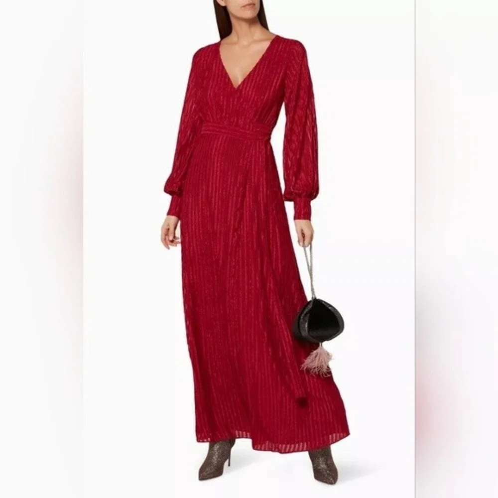Fame and Partners NWT wrap dress red burgundy sheer texture stripe Rachel sz 10 - Picture 1 of 13